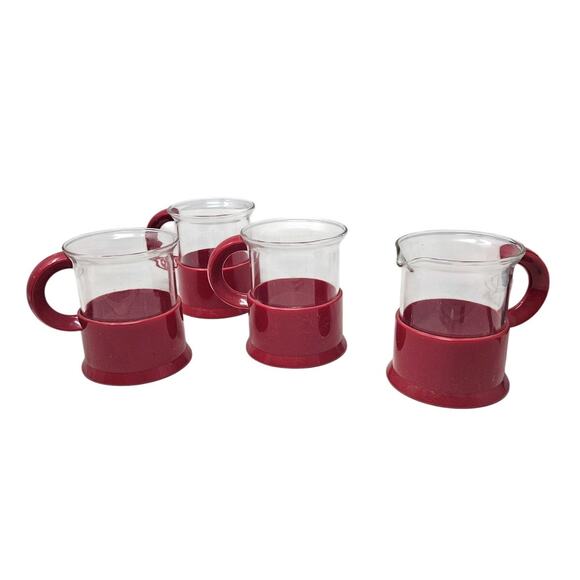 Vintage 80s 4 Bodum Red Glass Coffee Espresso Mugs Modern Design Plastoc Memphis - Picture 1 of 4